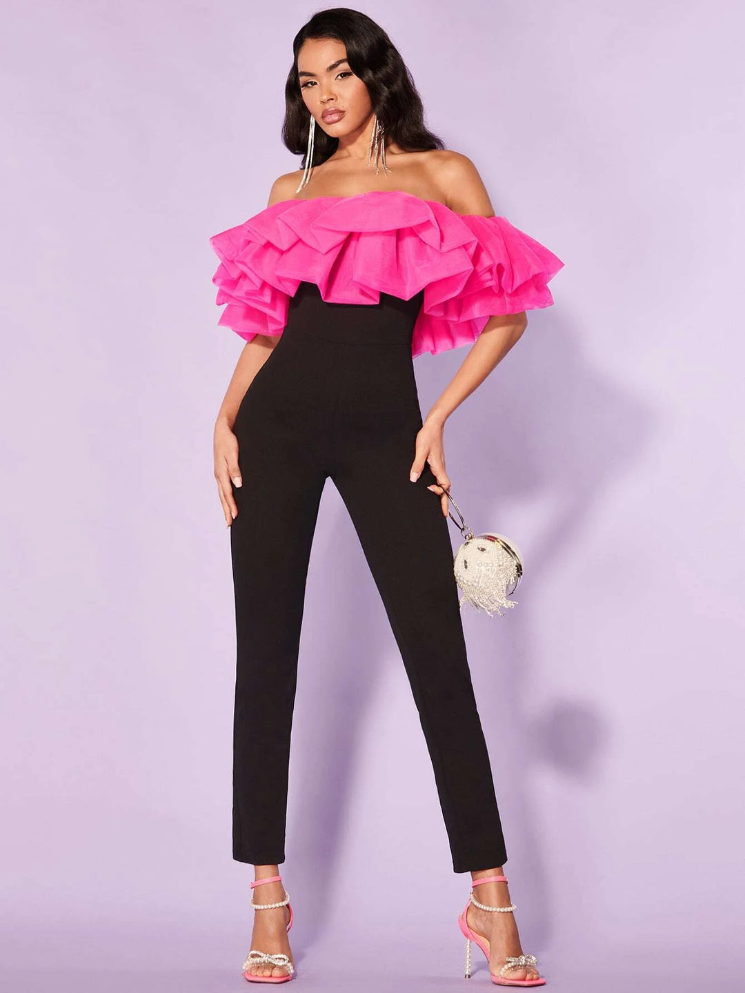 Off Shoulder Ruffle Trim Jumpsuit