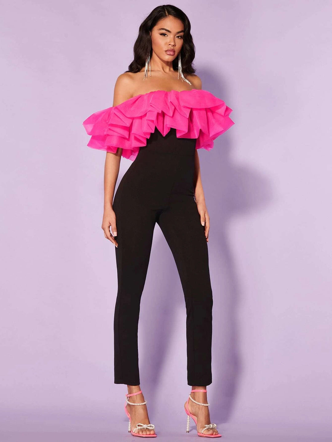 Off Shoulder Ruffle Trim Jumpsuit