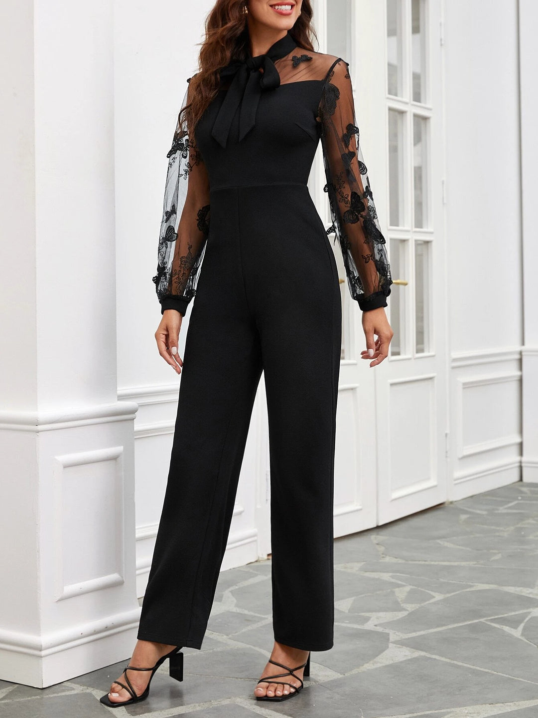 Contrast Mesh Tie Neck Bishop Sleeve Jumpsuit