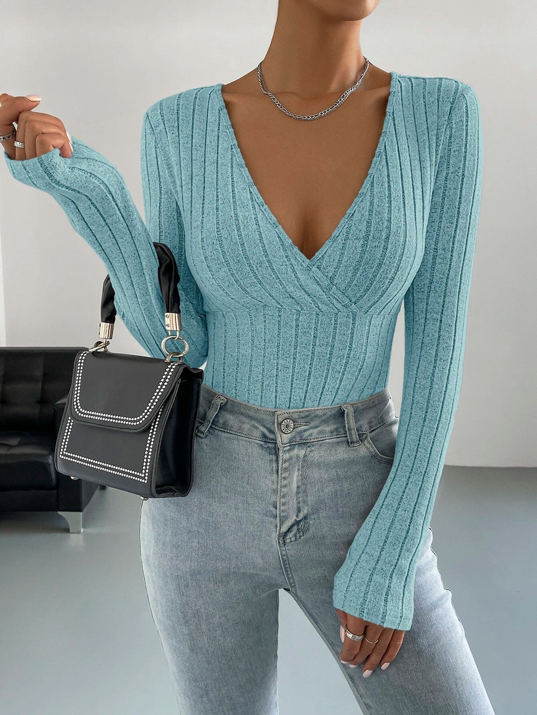 Surplice Neck Ribbed Knit Bodysuit