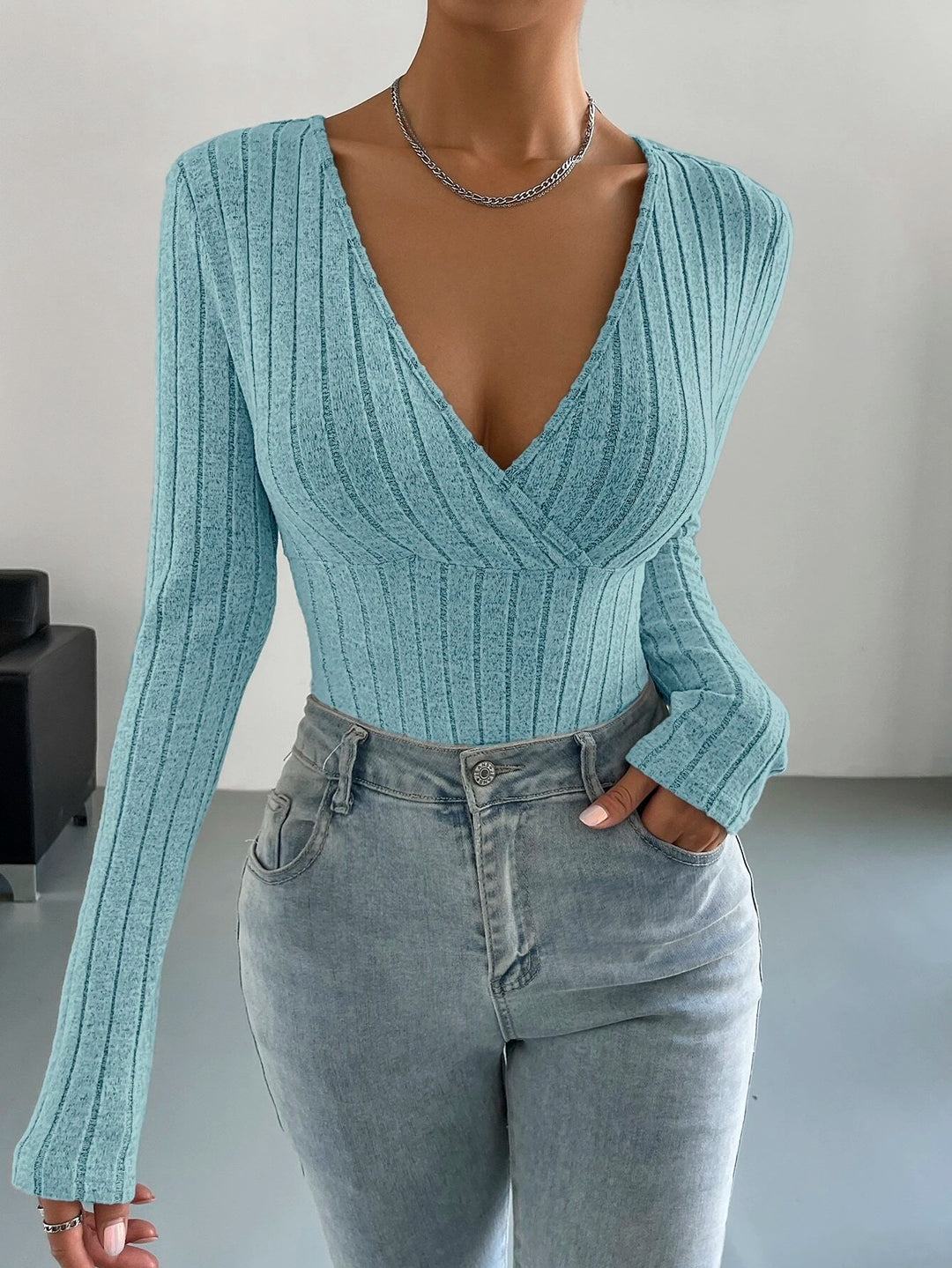 Surplice Neck Ribbed Knit Bodysuit