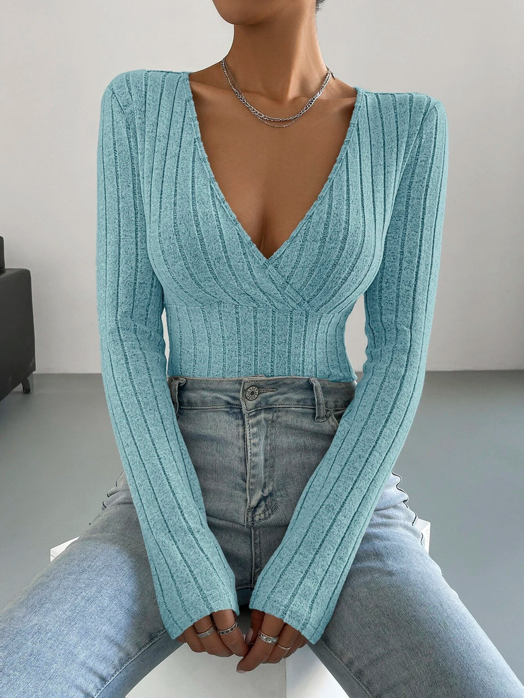 Surplice Neck Ribbed Knit Bodysuit