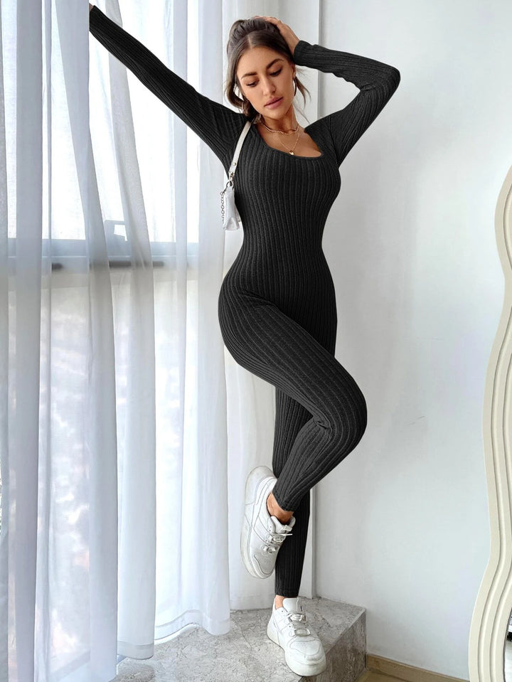 Solid Ribbed Knit Scoop Neck Unitard Jumpsuit