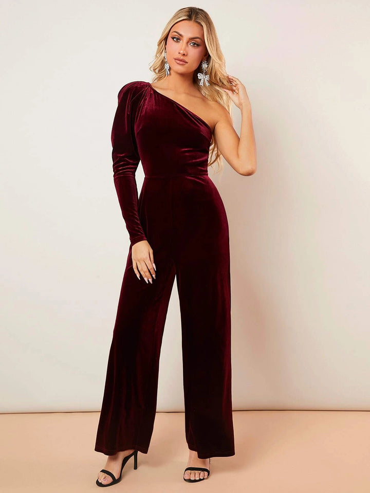 One-Shoulder-Jumpsuit mit weitem Bein und Gürtel