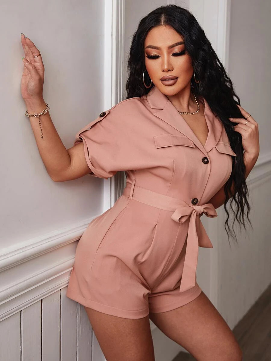 Batwing Sleeve Plain Belted Shirt Romper