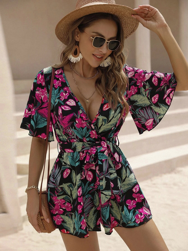 Floral Print Wrap Belted Jumpsuit