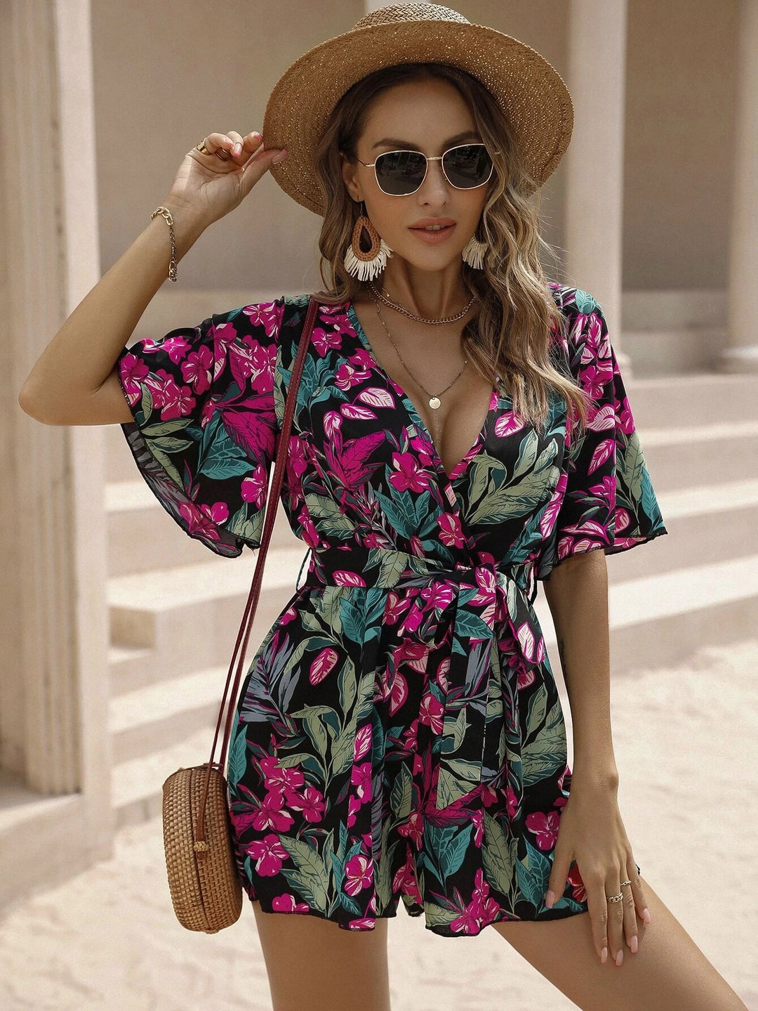 Floral Print Wrap Belted Jumpsuit