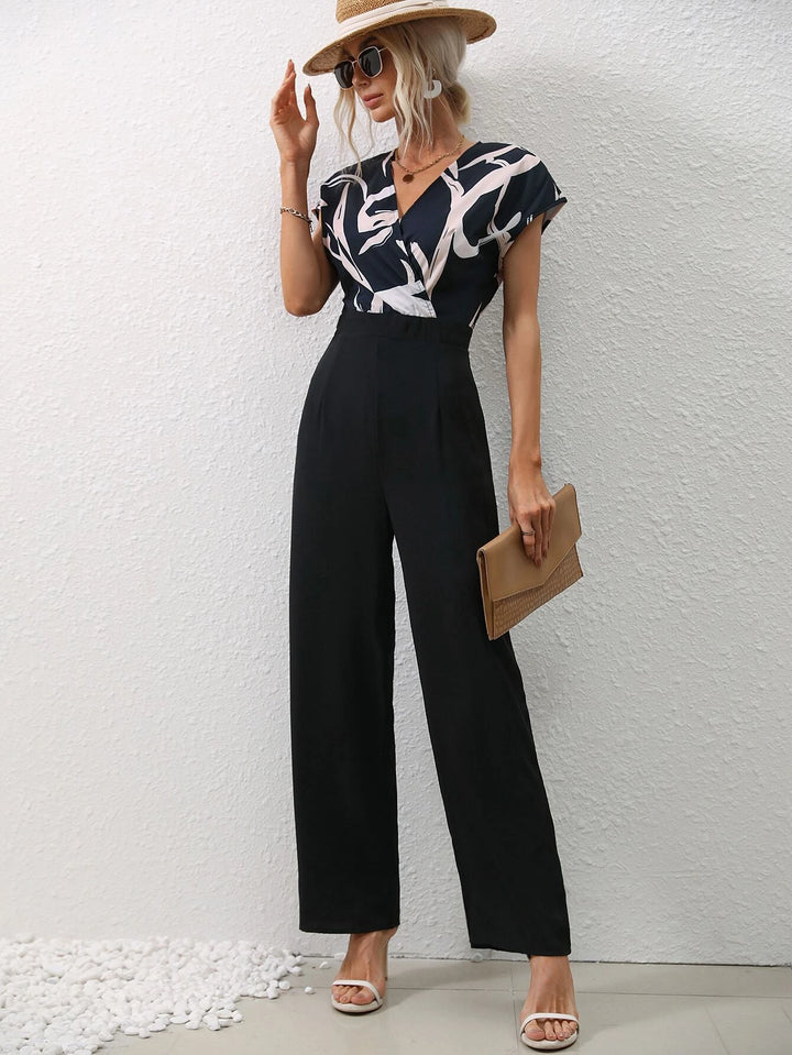 Graphic Print Overlap Collar Jumpsuit