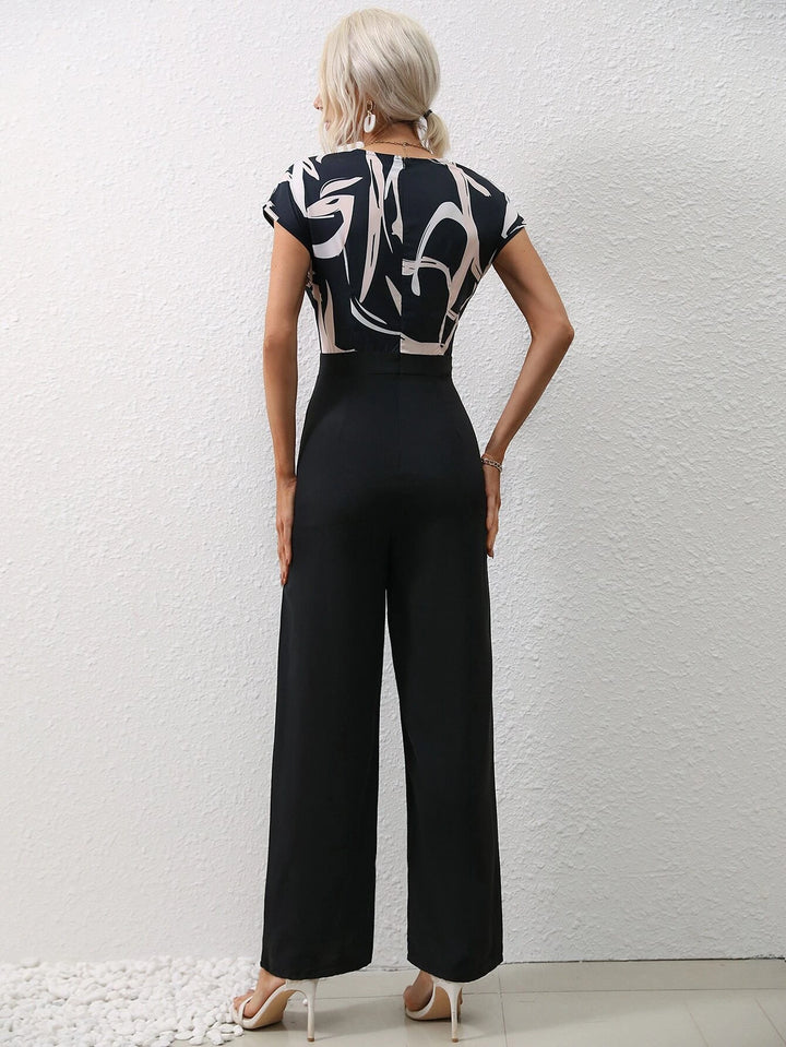 Graphic Print Overlap Collar Jumpsuit