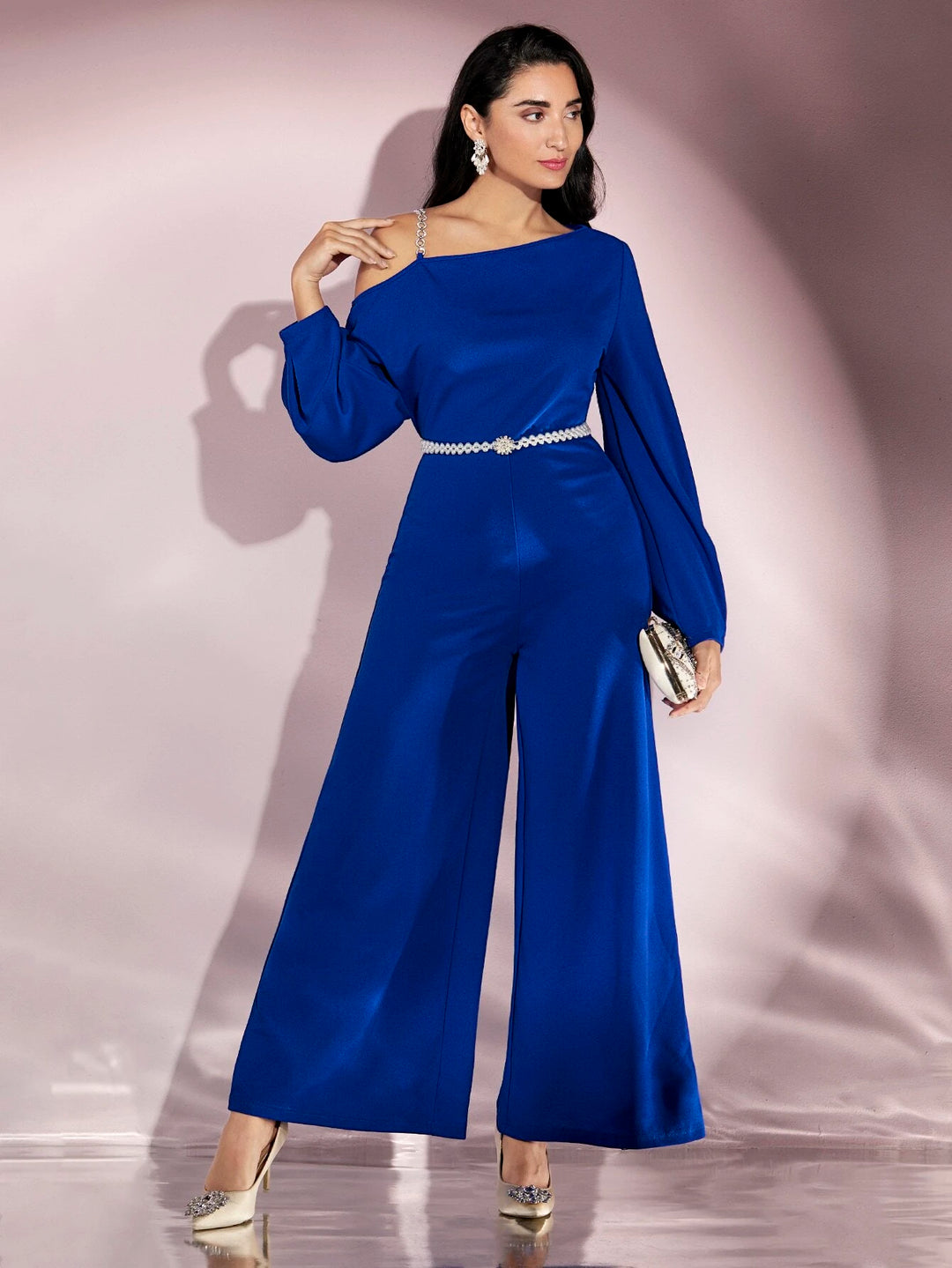 Asymmetrical Neck Lantern Sleeve Jumpsuit