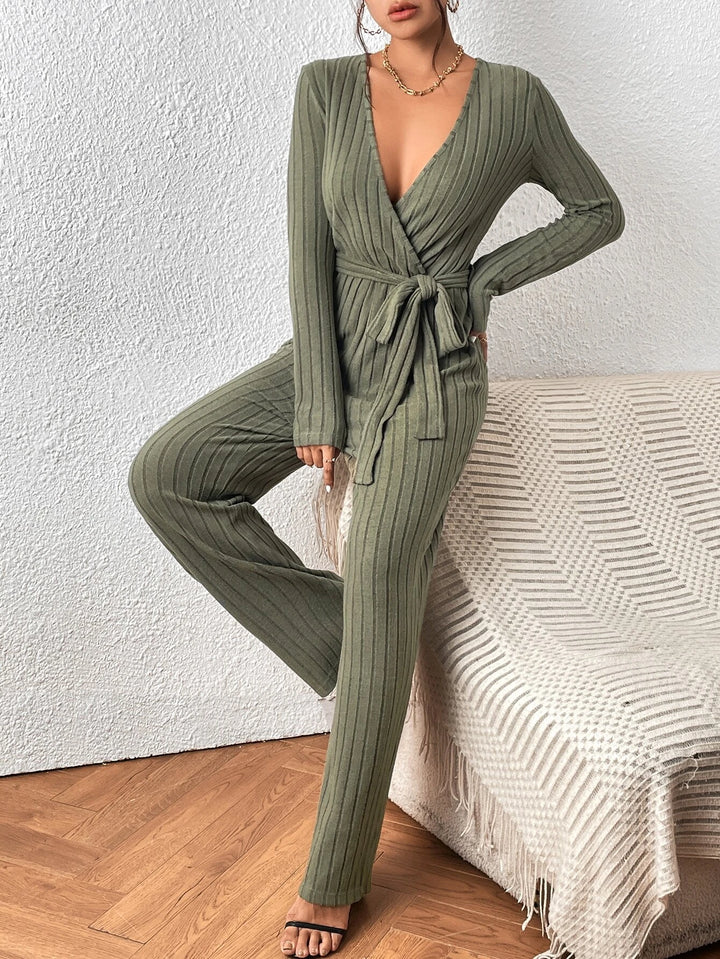 Surplice Neck Belted Ribbed Knit Jumpsuit