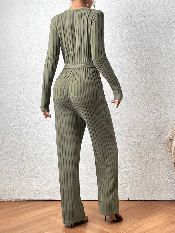 Surplice Neck Belted Ribbed Knit Jumpsuit