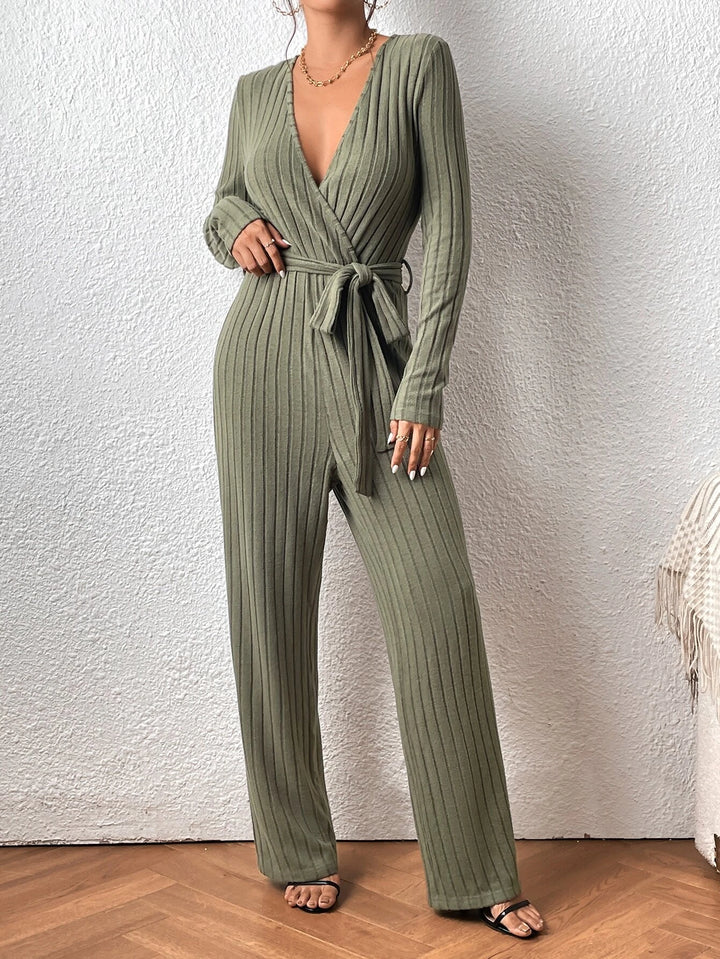 Surplice Neck Belted Ribbed Knit Jumpsuit