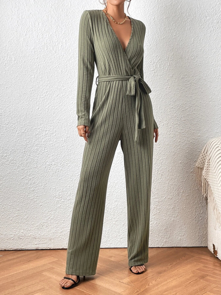 Surplice Neck Belted Ribbed Knit Jumpsuit