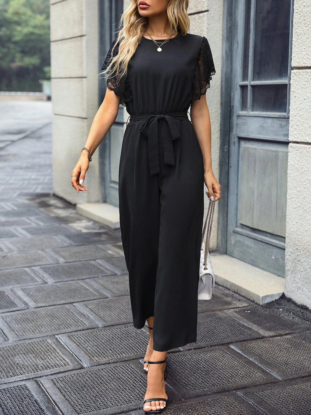 Contrast Lace Butterfly Sleeve Belted Jumpsuit