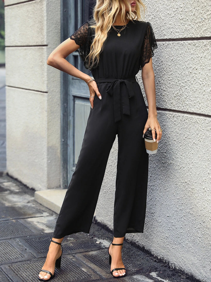 Contrast Lace Butterfly Sleeve Belted Jumpsuit