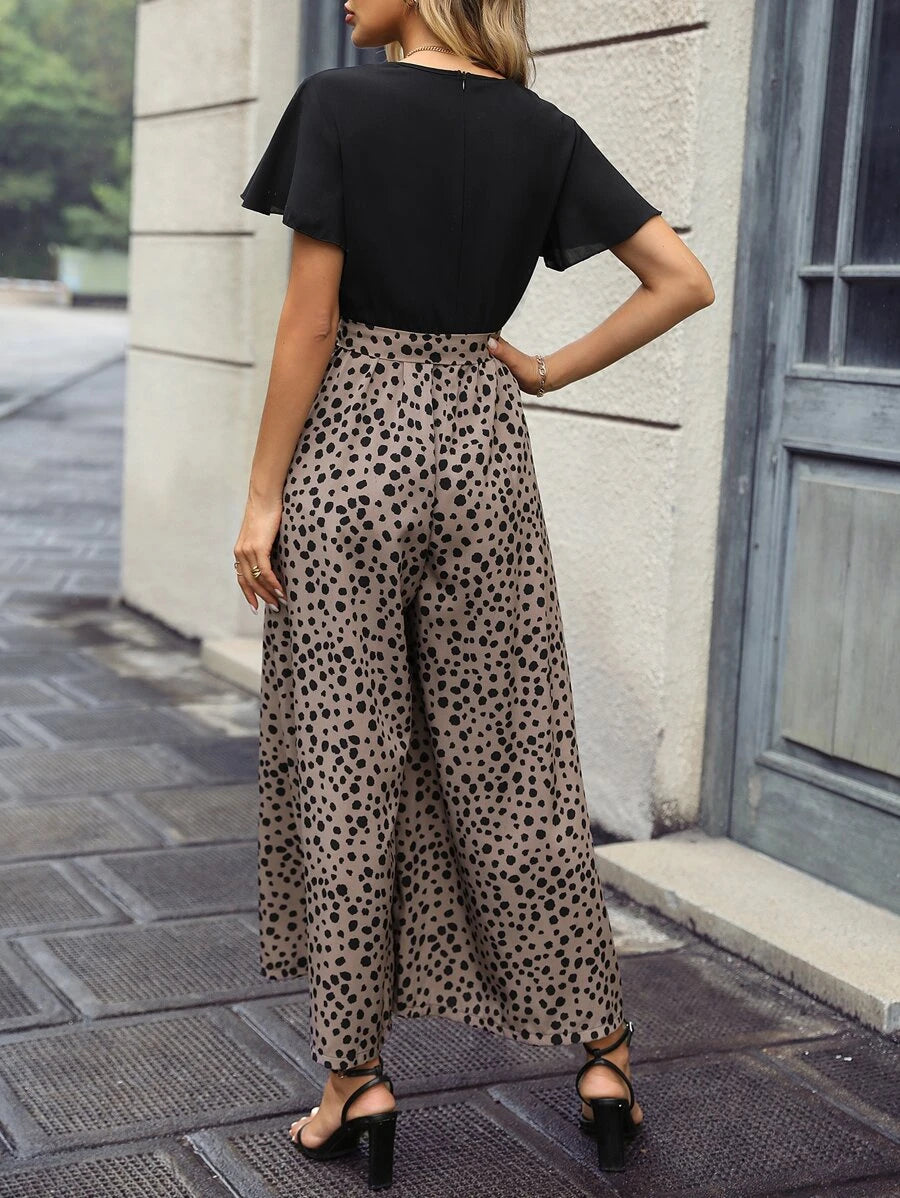 Dotted Print Flared Wide Leg Jumpsuit