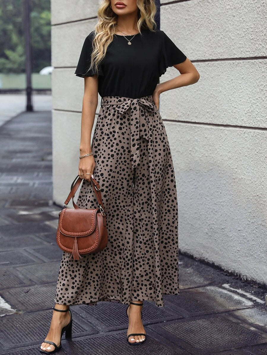 Dotted Print Flared Wide Leg Jumpsuit