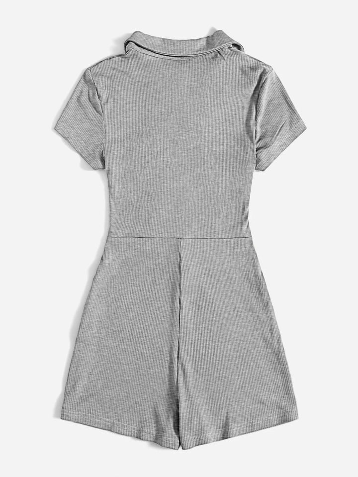 Button Placket Ruched Front Rib-knit Solid Romper