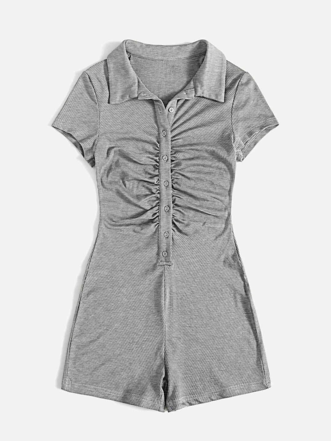 Button Placket Ruched Front Rib-knit Solid Romper