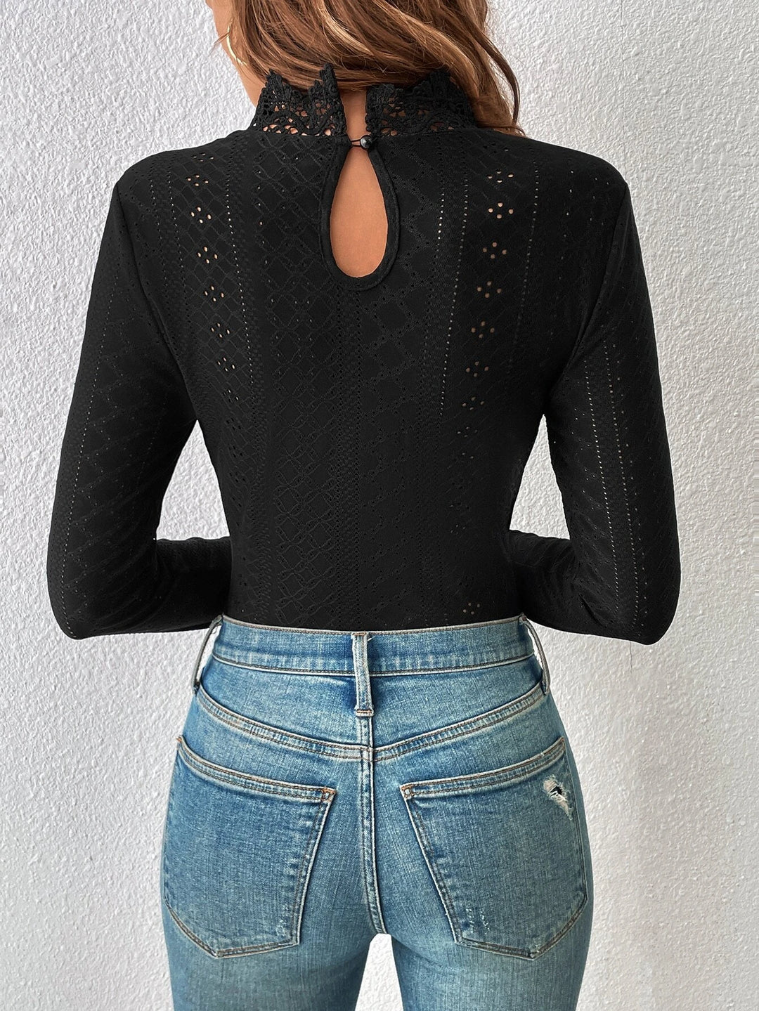 Lace Insert Mock Neck Eyelet Embroidery Bodysuit