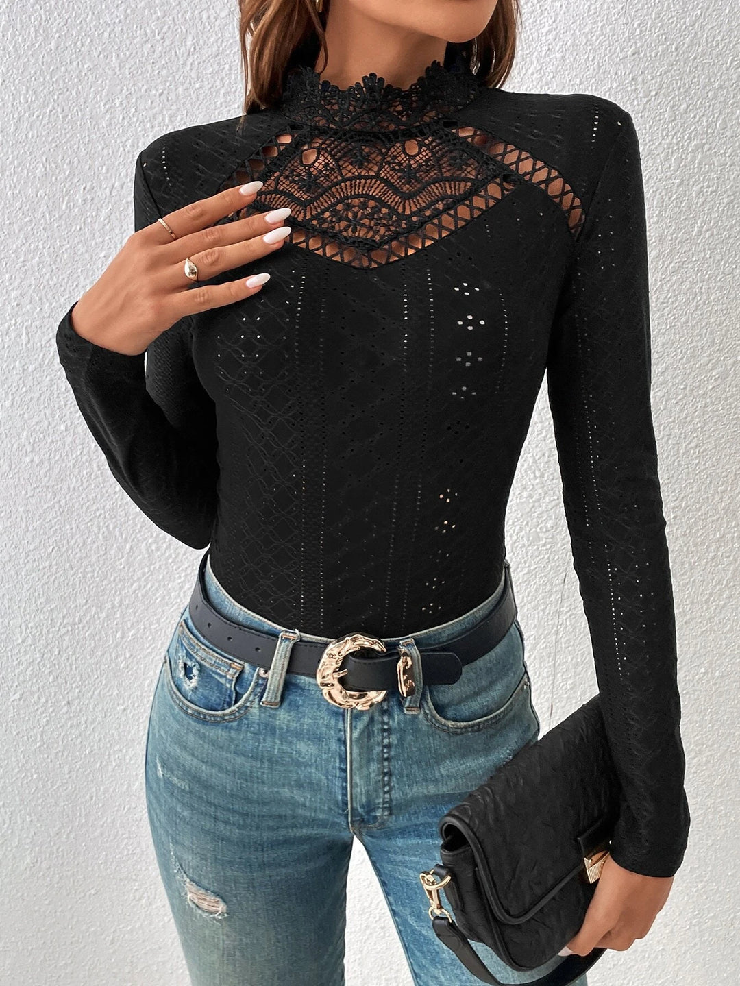 Lace Insert Mock Neck Eyelet Embroidery Bodysuit