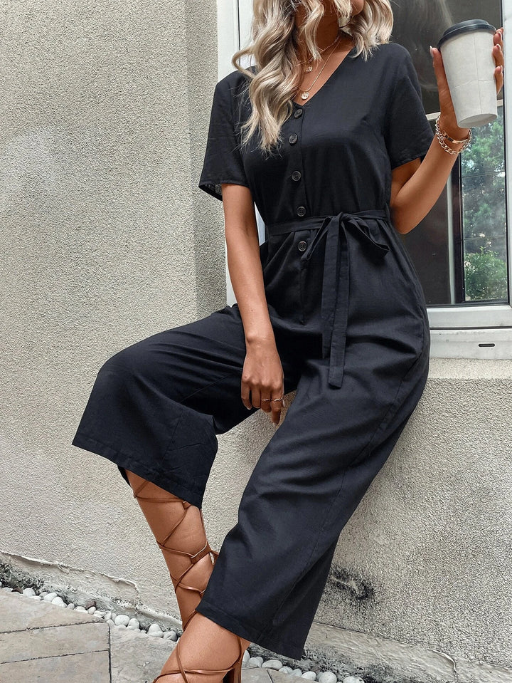 Short Sleeve Pocket Belted Jumpsuit