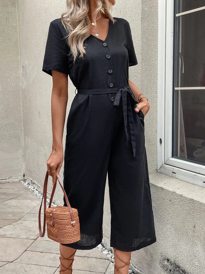 Short Sleeve Pocket Belted Jumpsuit