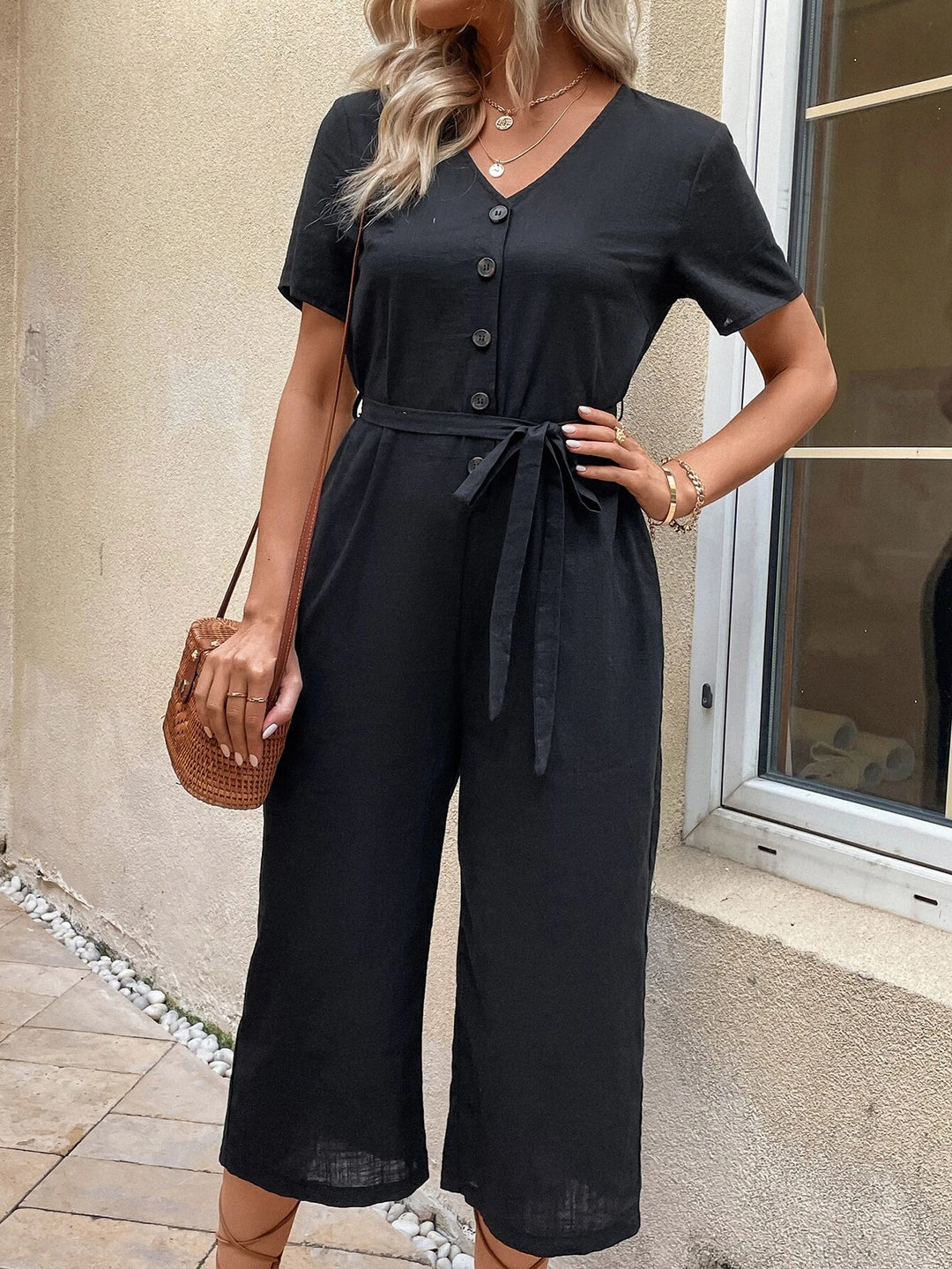 Short Sleeve Pocket Belted Jumpsuit