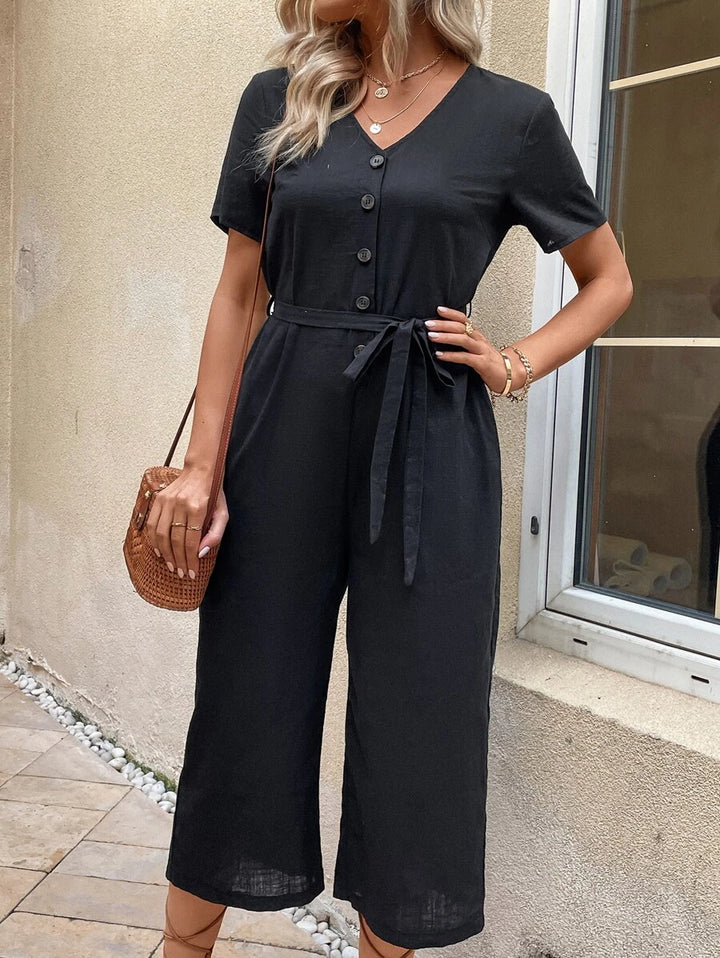 Button Front Belted Jumpsuit