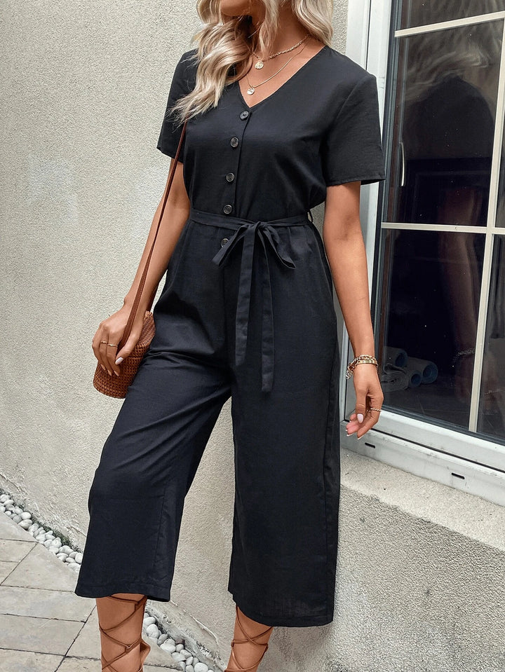 Short Sleeve Pocket Belted Jumpsuit