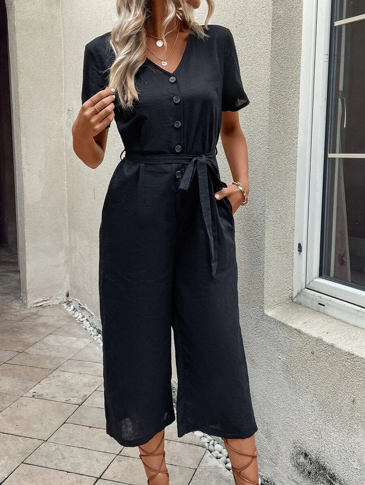 Button Front Belted Jumpsuit