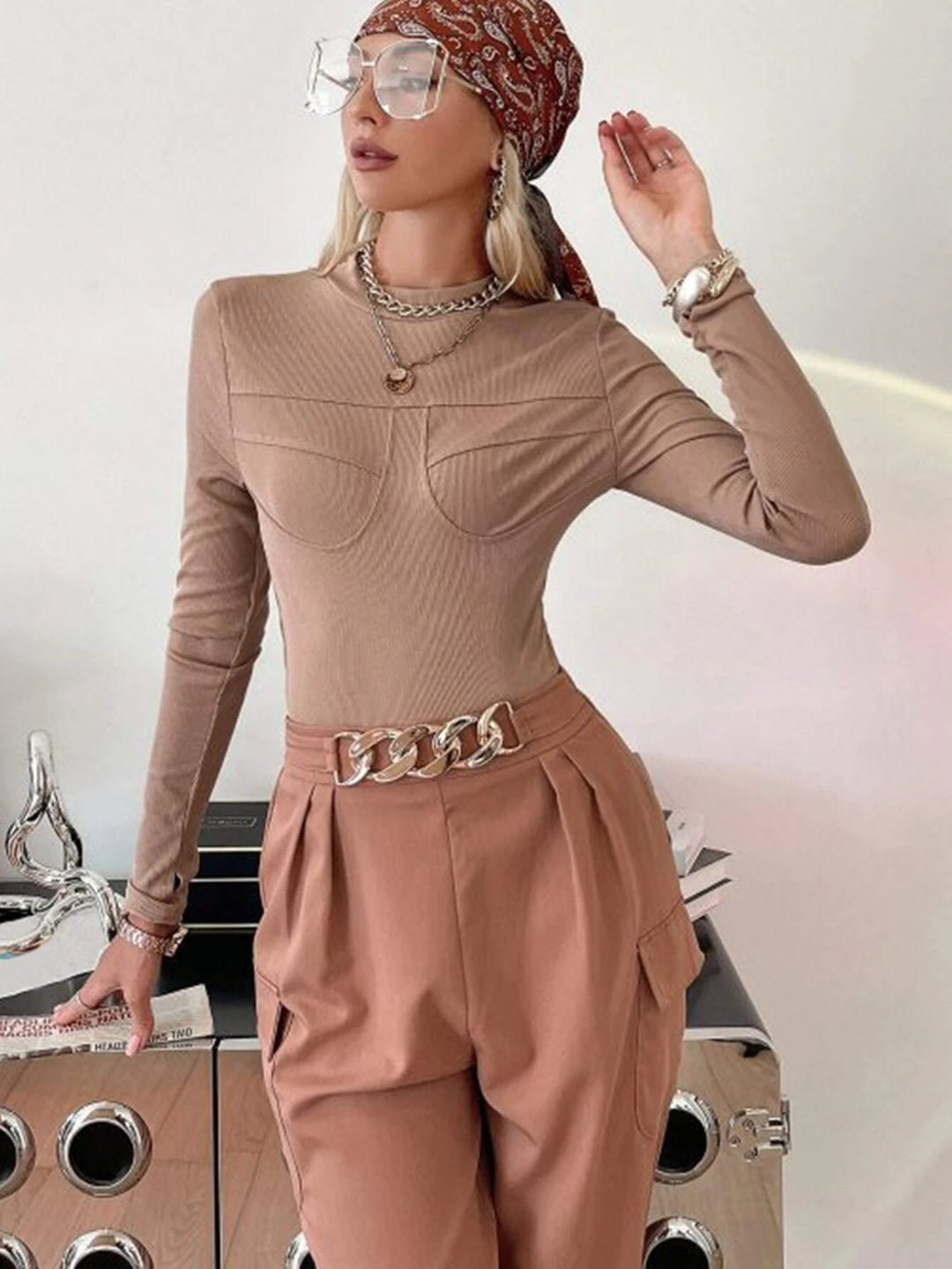 Solid Mock Neck Ribbed Knit Tee Bodysuit