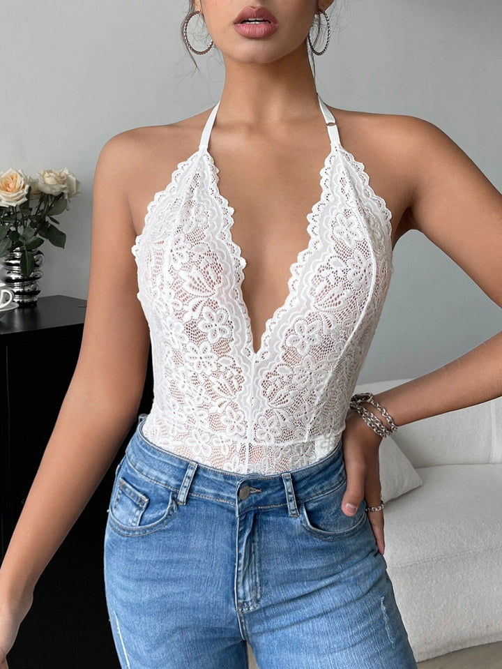 Floral Lace Halter Neck Backless Bodysuit