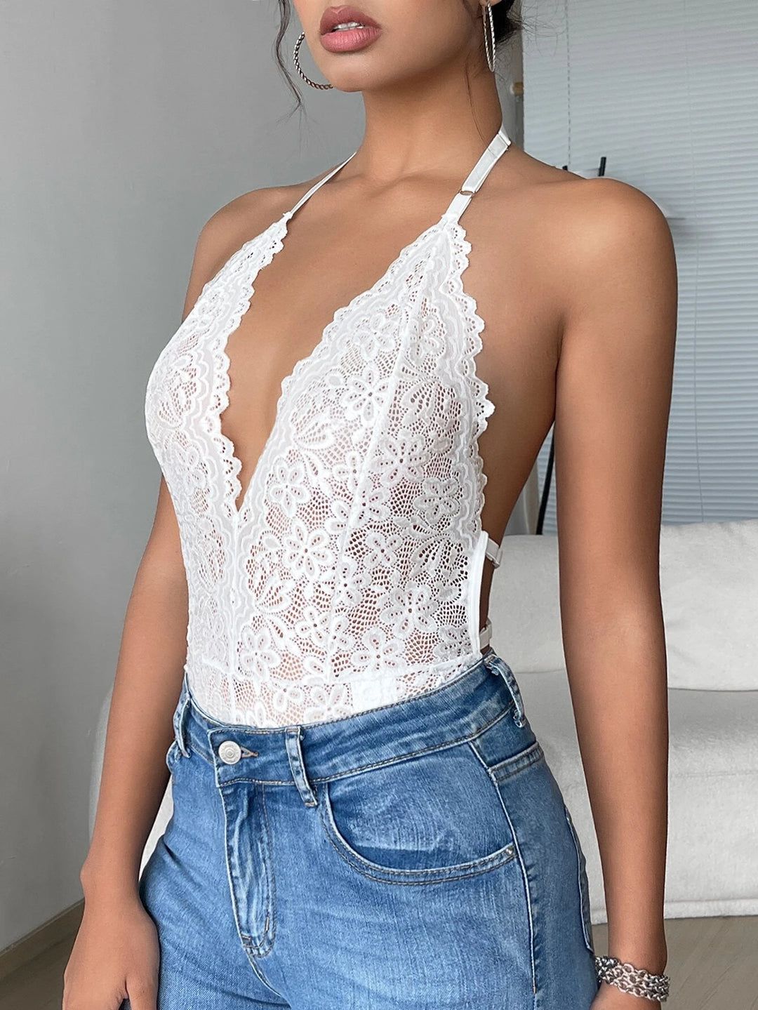 Floral Lace Halter Neck Backless Bodysuit