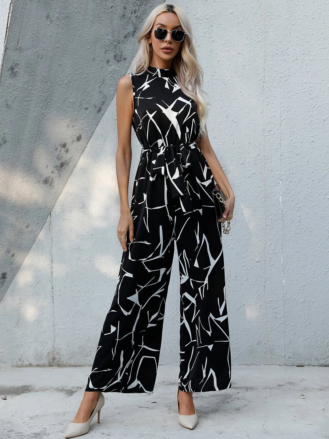Abstract Print Belted Jumpsuit