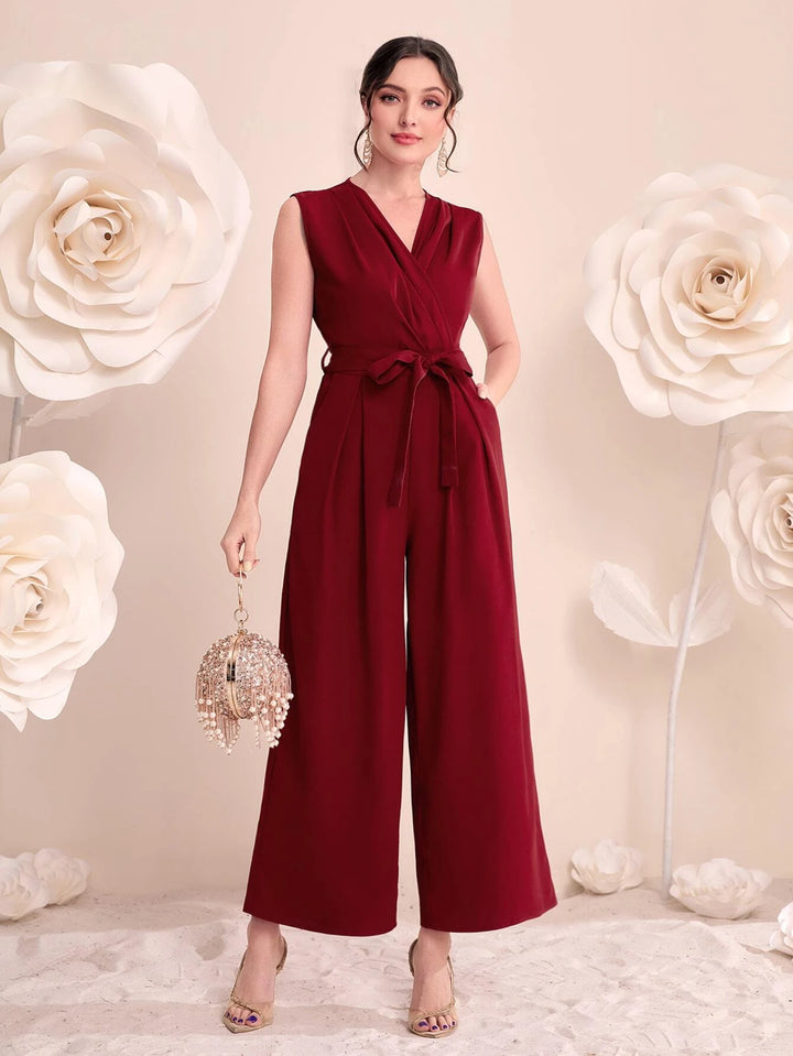 Neck Belted Wide Leg Jumpsuit