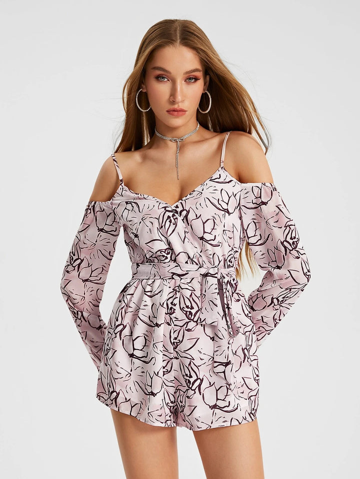 Printed Cold Shoulder Belted Romper