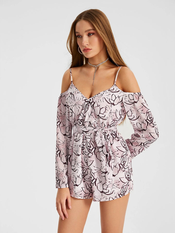 Printed Cold Shoulder Belted Romper