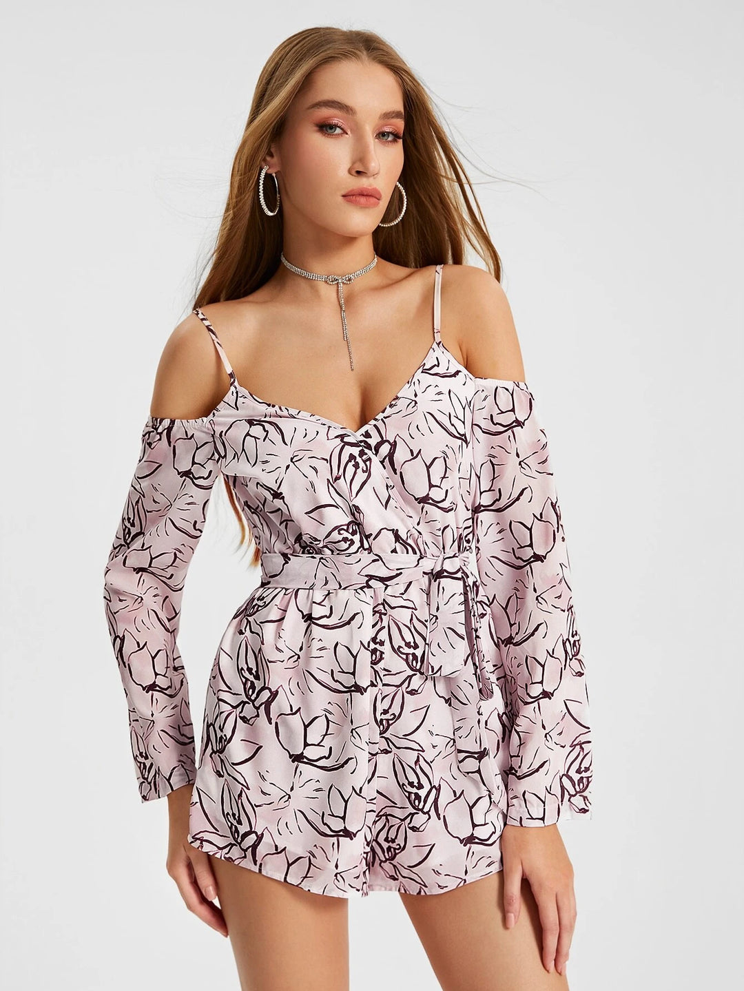 Printed Cold Shoulder Belted Romper