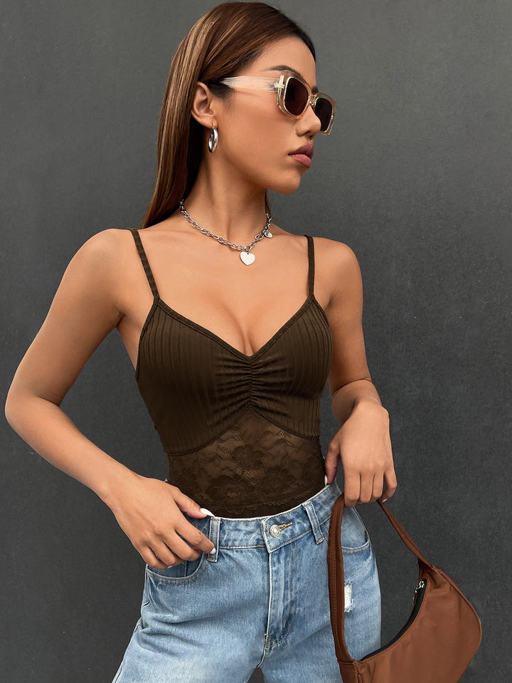 Contrast Lace Ruched Cami Bodysuit