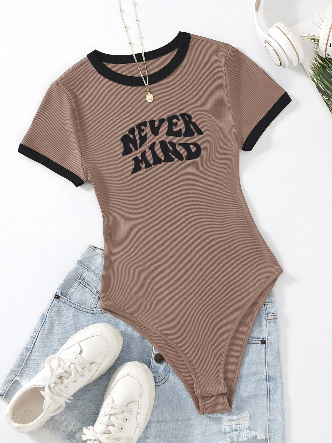 Slogan Graphic Contrast Trim Bodysuit