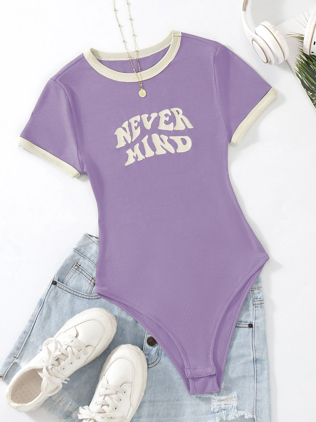 Slogan Graphic Contrast Trim Bodysuit