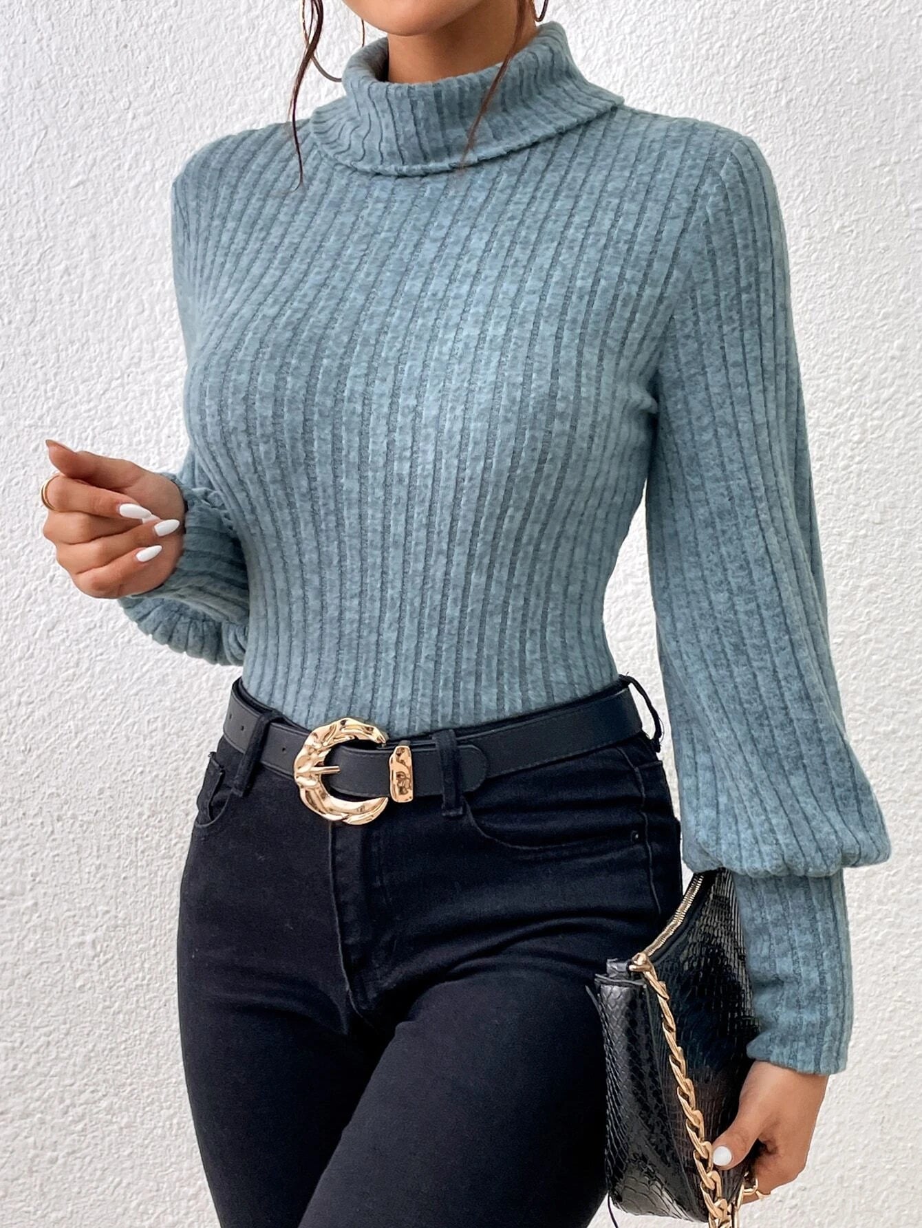 Turtle Neck Ribbed Knit Bodysuit Comfy Jumpsuit