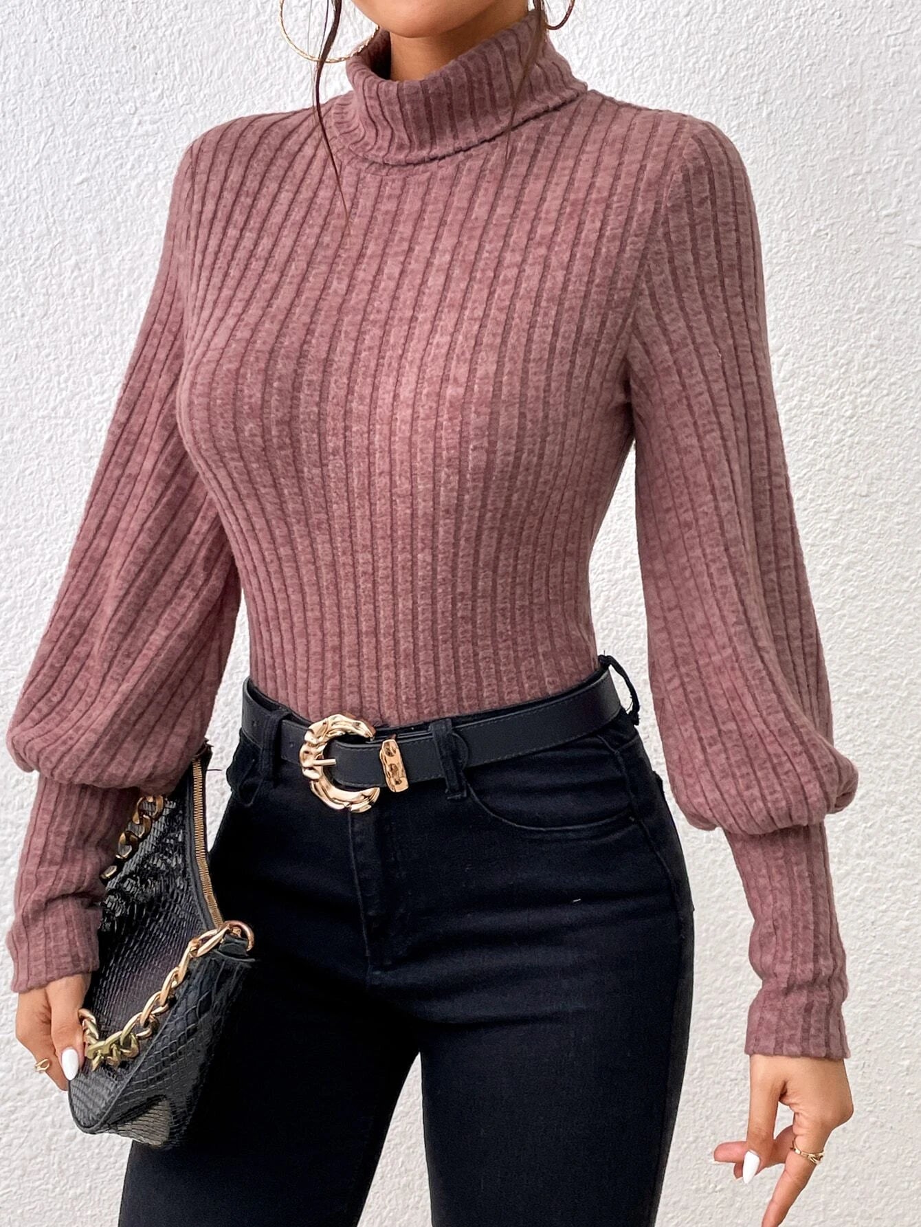 Turtle Neck Ribbed Knit Bodysuit Comfy Jumpsuit