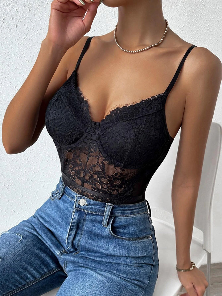 Mesh Panel Lace Cami Bodysuit