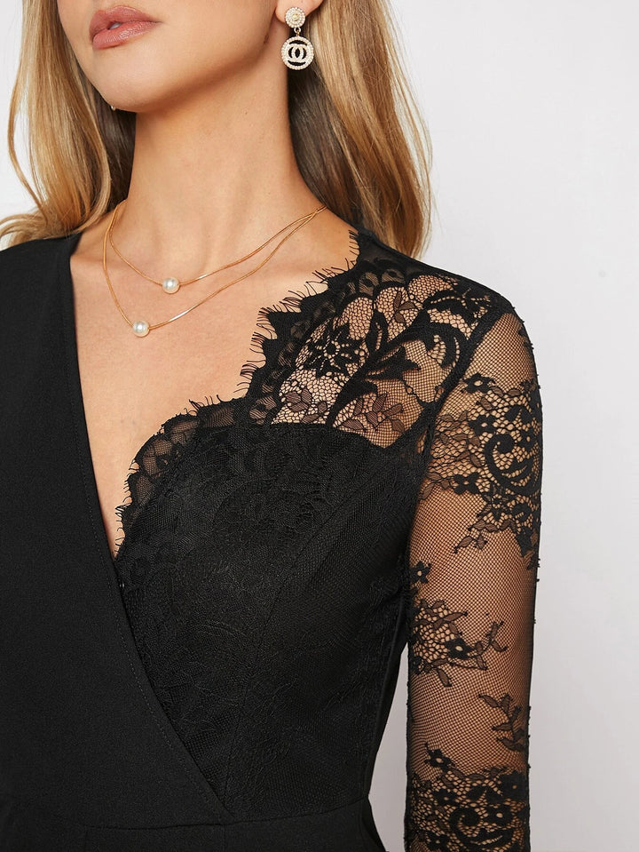 Contrast Lace V Neck Wide Leg Jumpsuit Without Belt