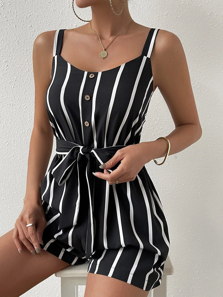 Striped Print Belted Cami Romper