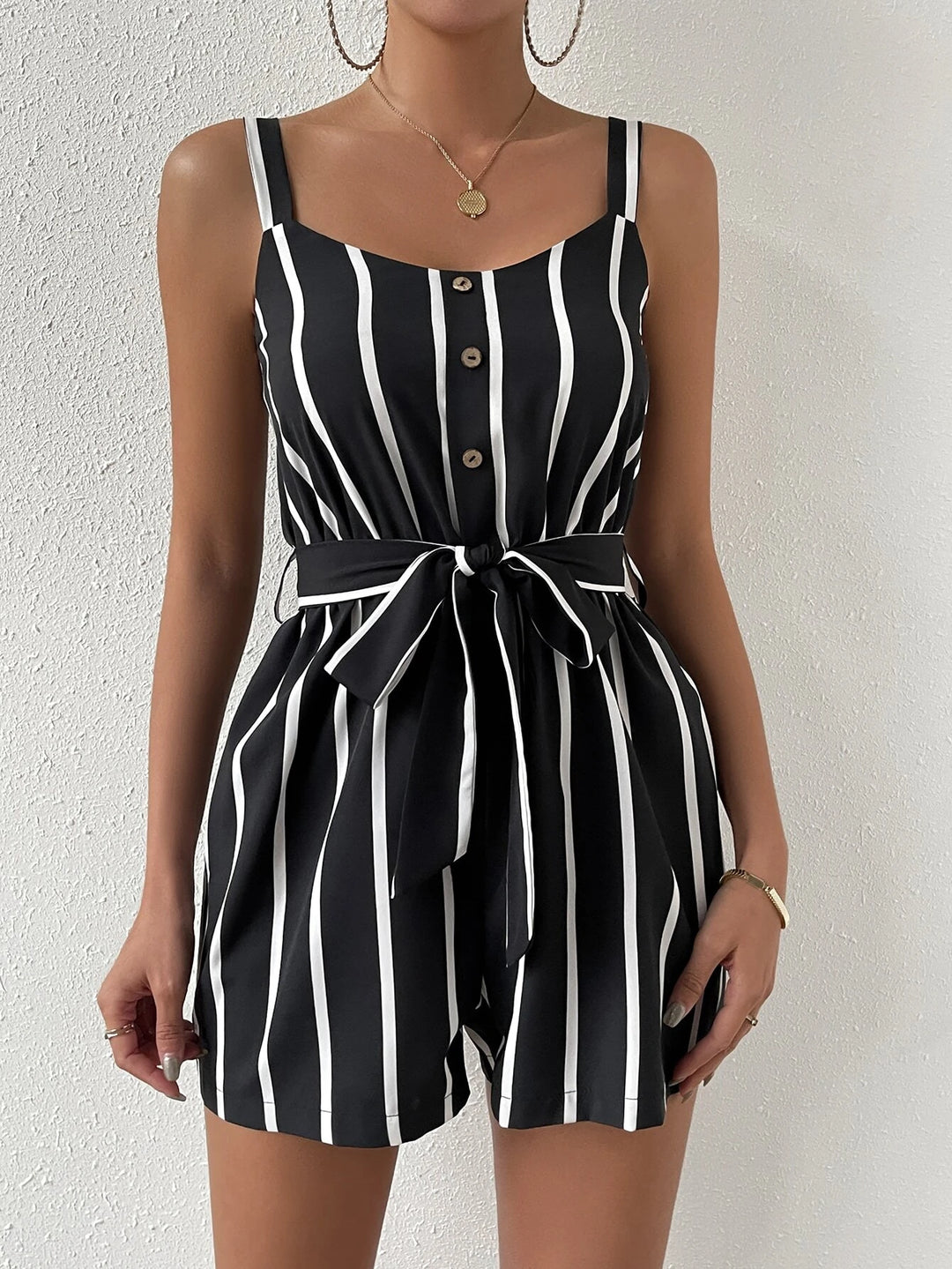 Striped Print Belted Cami Romper