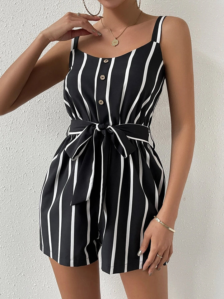 Striped Print Belted Cami Romper